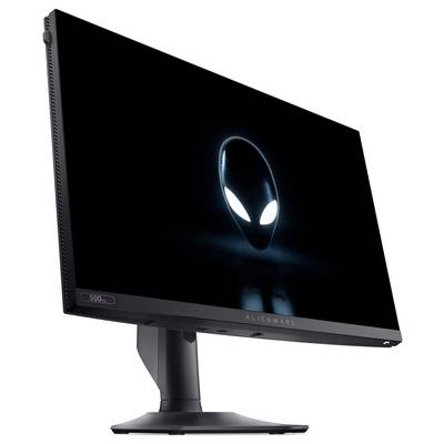 Ein schlanker schwarzer Monitor mit einem leuchtenden Logo in Form eines Alien-Gesichts auf dem Bildschirm; der Markenname „Alienware" ist darunter sichtbar.