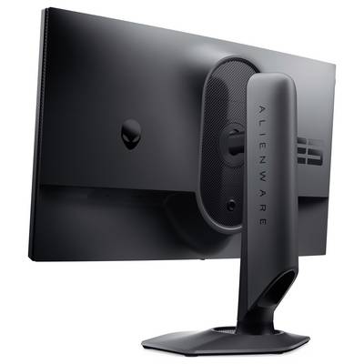 Ein schwarzer Alienware-Monitor von hinten, der sein elegantes Design und den markanten Ständer präsentiert, mit sichtbarem Alien-Logo.