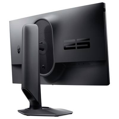 Ein schlanker schwarzer Computermonitor, von hinten betrachtet, mit einem markanten, alien-artigen Logo und einem robusten, geschwungenen Ständer.