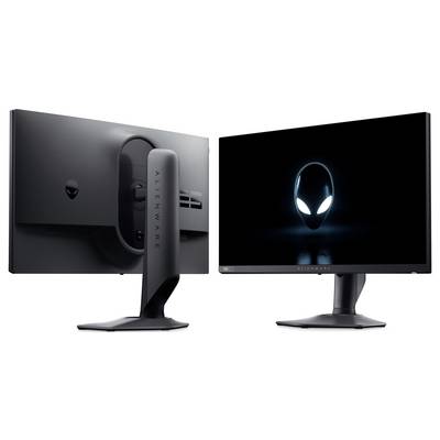 Zwei Ansichten eines Alienware-Monitors: Vorderseite zeigt ein leuchtendes Alien-Kopf-Logo auf dem Display; Rückseite hebt den eleganten Ständer und die Markierung hervor.