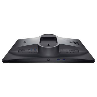 Rückansicht eines schlanken schwarzen Computermonitors mit mehreren Anschlüssen, einschließlich USB und HDMI, konzipiert für Konnektivität und Zugänglichkeit.
