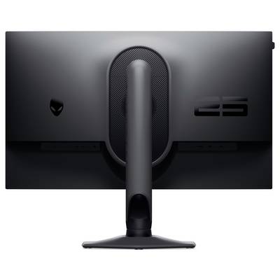 Ein schwarzer Alienware-Monitor, von hinten betrachtet, der sein schlankes Design und seine Markenidentität präsentiert, mit einem markanten Ständer und Logo.