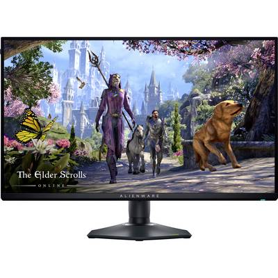 Eine Fantasyszene auf einem Computermonitor zeigt Charaktere aus 'The Elder Scrolls Online': einen Zauberer, einen Ritter, ein Pferd und einen Hund in einer üppigen, magischen Landschaft.