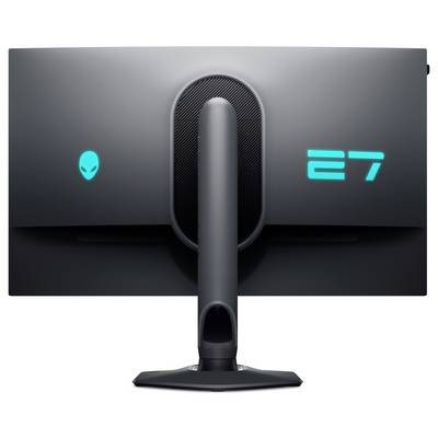 Rückansicht eines Breitbild-Gaming-Monitors mit elegantem schwarzem Design, mit einem leuchtenden Alien-Logo auf der linken und einer '27' auf der rechten Seite.
