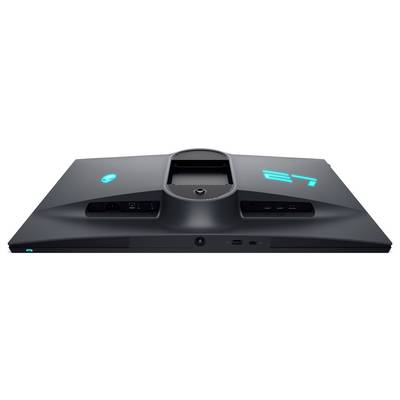 Ein schlanker, moderner Monitor mit einem dreieckigen Ständer, Anschlüssen auf der Rückseite und leuchtend blauen Akzenten.