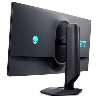 Ein schwarzer Alienware-Monitor von hinten, mit Ständer und leuchtendem Alien-Logo. Modellnummer AW2723DF sichtbar.