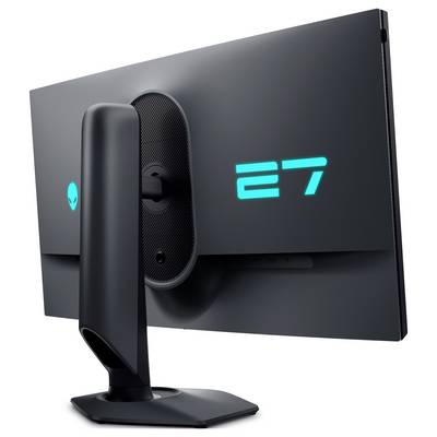 Ein schlanker Computermonitor, von hinten gesehen, mit einem einzigartigen Ständer und blau leuchtendem Text, der "E7" liest, neben einem kleinen Logo.