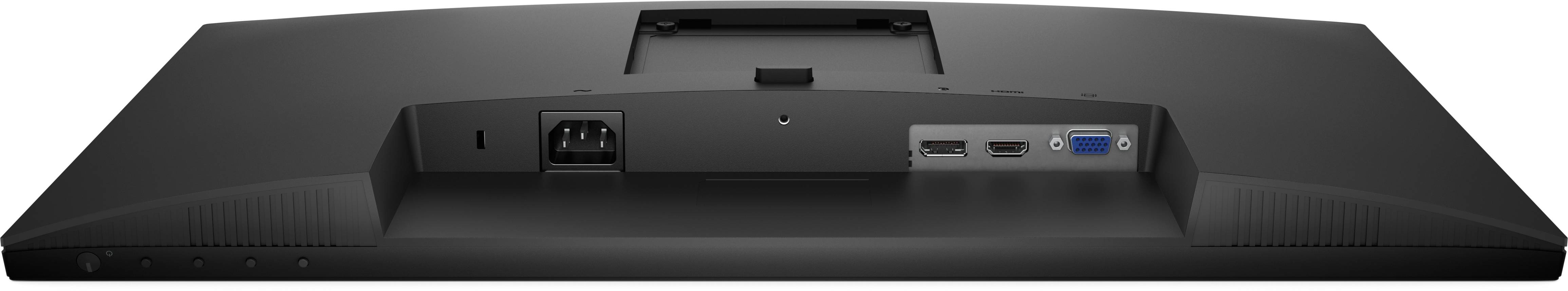 Das Bild zeigt die Rückseite eines Computermonitors mit verschiedenen Anschlüssen, darunter Stromversorgung, HDMI, USB und VGA.