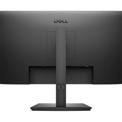 Ein schwarzer Dell-Monitor von hinten, der das Logo und den Ständer zeigt, mit minimalistischem Design und ohne sichtbare Kabel oder Anschlüsse.