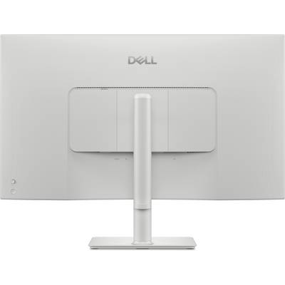 Eine Rückansicht eines Dell-Computermonitors in Silbergrau, die seinen Standfuß und Anschlüsse zeigt, geeignet für ein Büro- oder Heimarbeitsumfeld.