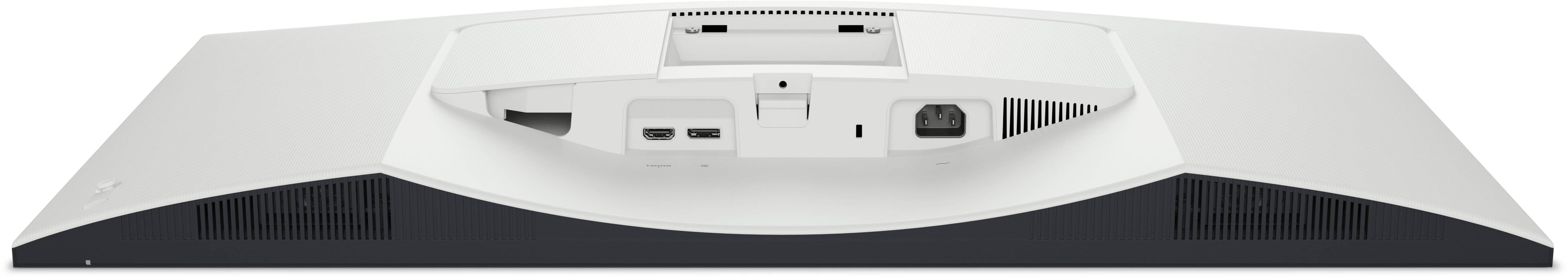 Ein weißer und schwarzer Computermonitor, von hinten betrachtet, mit verschiedenen Anschlüssen wie HDMI, USB und Ethernet.