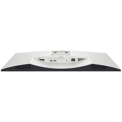 Ein weißer und schwarzer Computermonitor, von hinten betrachtet, mit verschiedenen Anschlüssen wie HDMI, USB und Ethernet.