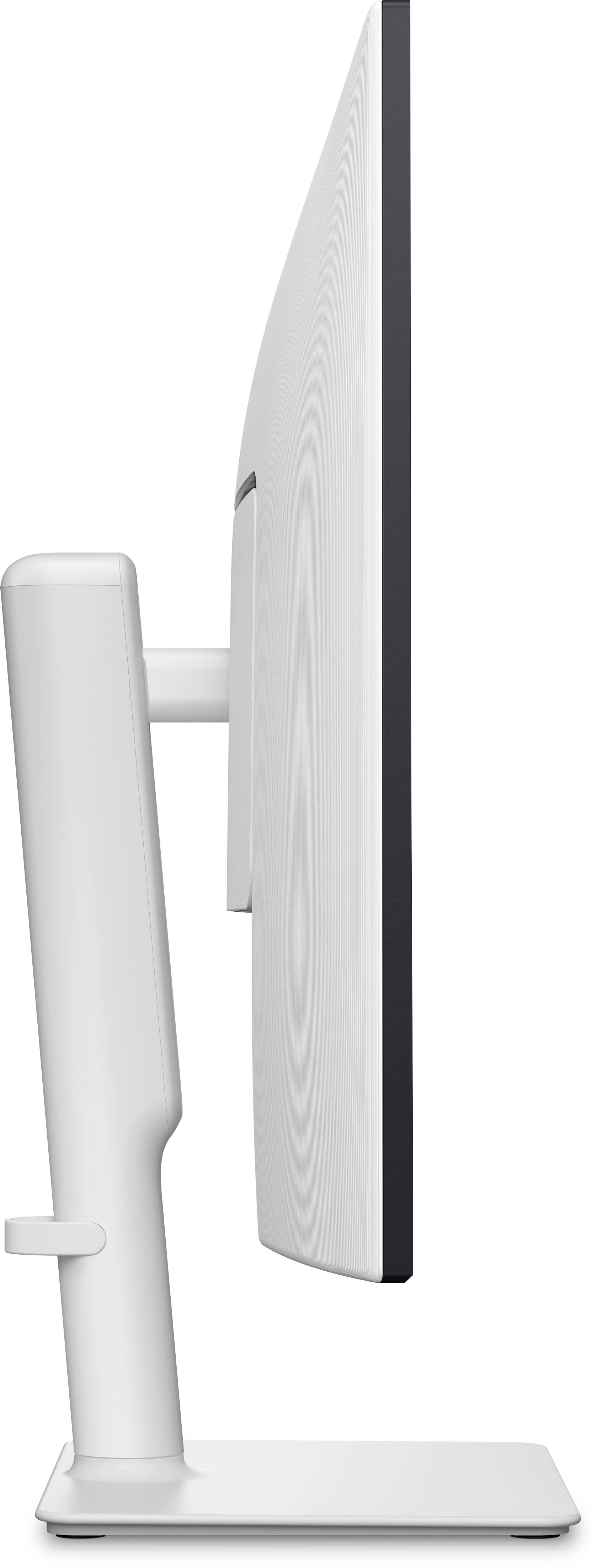 Seitenansicht eines schlanken, modernen Monitors auf einem Ständer mit minimalistischem Design, der seine elegante Seitenkontur und vertikale Verstellmöglichkeit präsentiert.