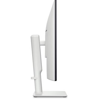 Seitenansicht eines schlanken, modernen Monitors auf einem Ständer mit minimalistischem Design, der seine elegante Seitenkontur und vertikale Verstellmöglichkeit präsentiert.