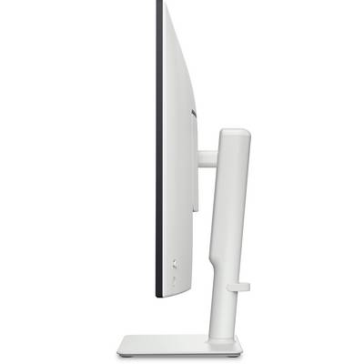 Seitenansicht eines schlanken, modernen Computermonitors mit dünnem Profil, gestützt von einem robusten Ständer.