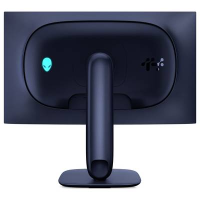 Ein Monitor von hinten betrachtet, mit einem Alien-Logo und einem futuristischen Design mit einem geschwungenen Ständer.