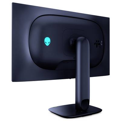 Ein schwarzer Computermonitor, von hinten betrachtet, mit einem leuchtenden Alien-Logo und einem gebogenen Ständer.