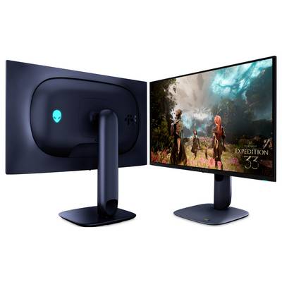 Ein schwarzer Computermonitor mit einem leuchtend blauen Alien-Logo auf der Rückseite, der eine Fantasy-Videospielszenerie mit dem Titel "Expedition 33" anzeigt.