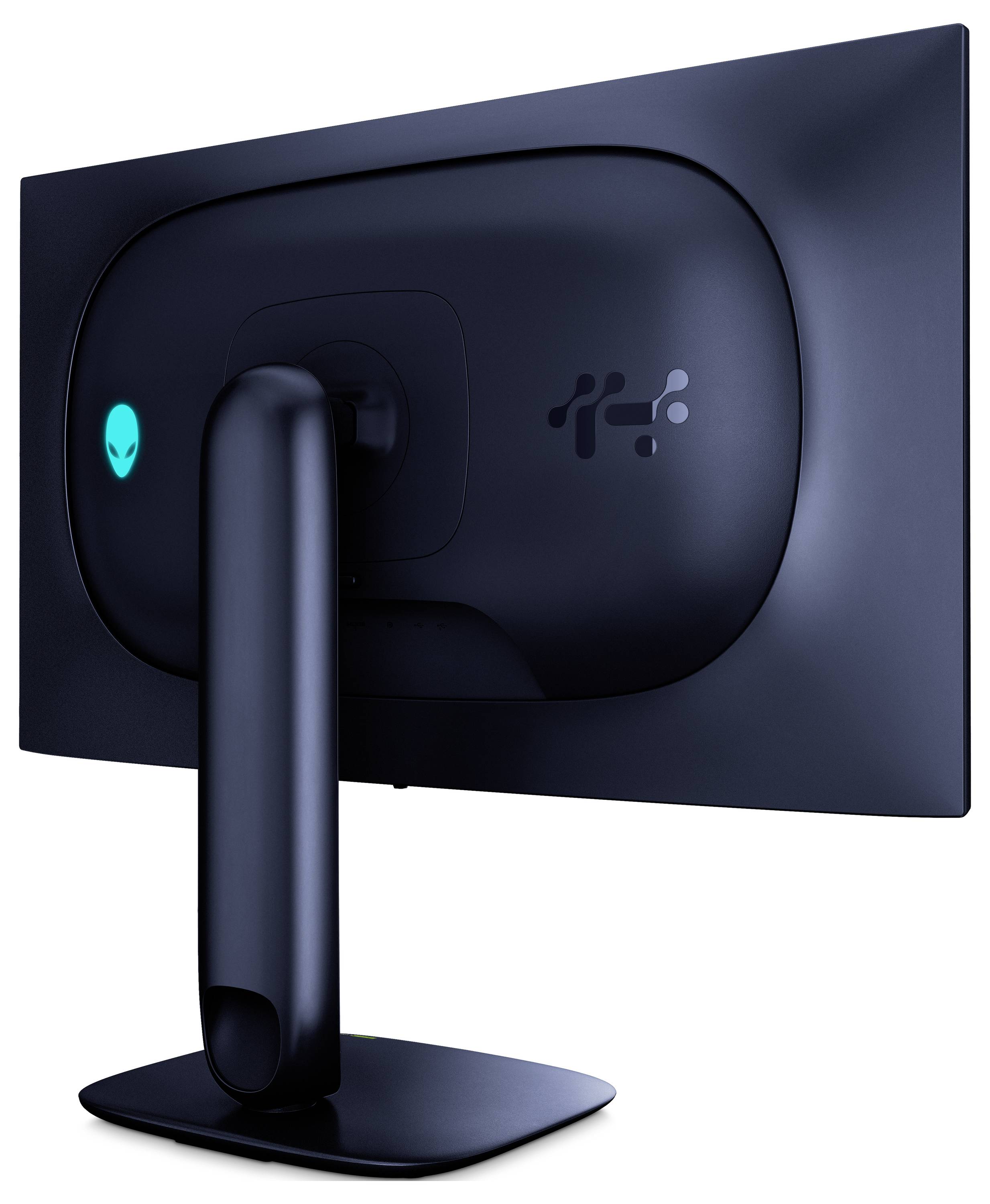 Ein schlanker, schwarzer Computermonitor, von hinten betrachtet, mit einem einzigartigen Logo und einem beleuchteten Alien-Kopf-Symbol.