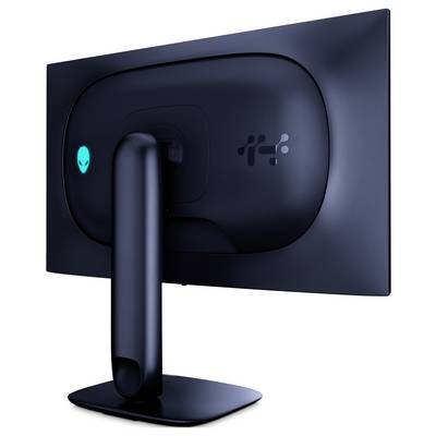 Ein schlanker, schwarzer Computermonitor, von hinten betrachtet, mit einem einzigartigen Logo und einem beleuchteten Alien-Kopf-Symbol.