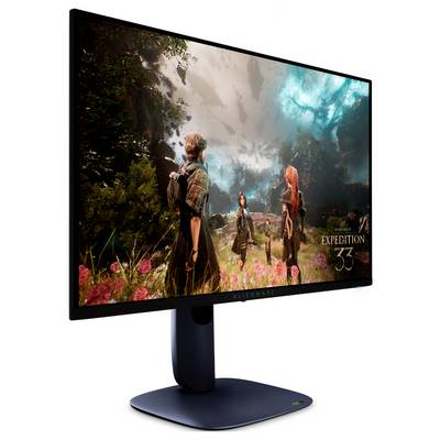 Zwei Gaming-Monitore: Der eine zeigt ein Fantasy-Spiel mit Charakteren in einer malerischen Landschaft, während der andere das elegante Design des Monitors präsentiert.