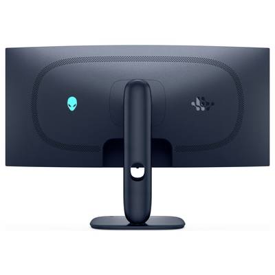 Ein schlanker, geschwungener Computermonitor, von hinten betrachtet, mit einem LED-Alien-Logo und verstellbarem Ständer, konzipiert für High-Performance-Gaming.