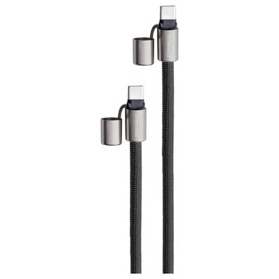 Zwei USB-C-Kabel mit Metallsteckern und Schutzabdeckungen, in einen geflochtenen schwarzen Mantel eingebunden, für Langlebigkeit konzipiert.