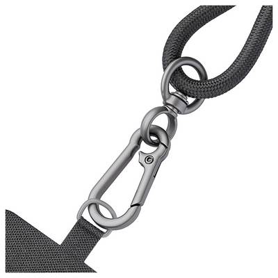 Ein dunkelgrauer Gurt mit einem metallischen Karabiner und kreisförmigen Ringen, wahrscheinlich zum Tragen oder Sichern von Gegenständen verwendet.