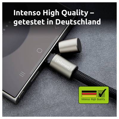 Smartphone mit Intenso-Ohrhörern auf einer grauen Oberfläche. Text lautet 'Intenso High Quality – getestet in Deutschland'. Deutsches Qualitätssiegel.