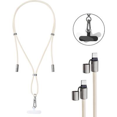 Ein beiger Schlüsselband-Lanyard mit abnehmbaren magnetischen Verbindern und einer ID-Abzeichen-Klemme, entwickelt zum Halten von USB-C-Kabeln. Nahaufnahme zeigt magnetische Befestigung.