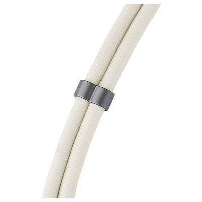 Zwei beige geflochtene Kabel, die mit einer schwarzen Klammer zusammengehalten werden.