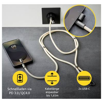 Smartphone-Schnelllade-Setup mit einem USB-C-Kabel, das eine einstellbare Länge von bis zu 1,65 m und zwei USB-C-Anschlüsse für maximale Flexibilität hervorhebt.