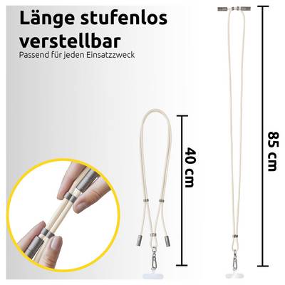 Ein verstellbarer Gurt, der von 40 cm bis 85 cm reicht und für verschiedene Verwendungszwecke geeignet ist. Bild zeigt eine Nahaufnahme und eine Gesamtansicht mit Maßangaben.