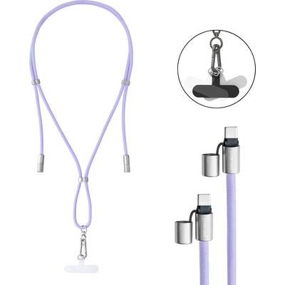 Eine Lavendel-Lanyard mit einer kleinen Klemme und Ringen an beiden Enden, die entwickelt wurde, um Ohrhörer sicher zu halten. Enthält eine Nahaufnahme der Ohrhörer-Befestigungen.