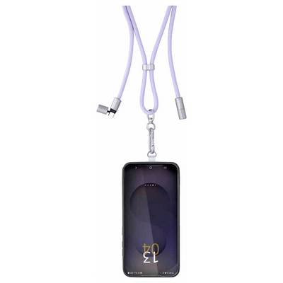 Ein Smartphone in einem schwarzen Gehäuse hängt an einem Lavendel-Trageband mit metallischen Verbindern und zeigt einen minimalistischen Sperrbildschirm mit orangefarbenen Zahlen.