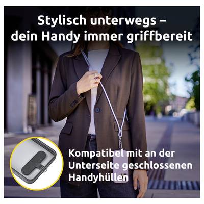 Eine Person in einem Businessoutfit trägt eine Handykette um den Hals. Der Text hebt die Praktikabilität der Handykette und ihre Kompatibilität mit geschlossenen Handyhüllen hervor.