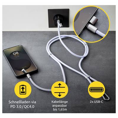 Smartphone-Ladung mit einem geflochtenen USB-C-Kabel aus einer Wandsteckdose. Highlights: ‚Schnelles Laden via PD 3.0/QC4.0', einstellbare Länge bis zu 1,65 m, doppelte USB-C-Anschlüsse.