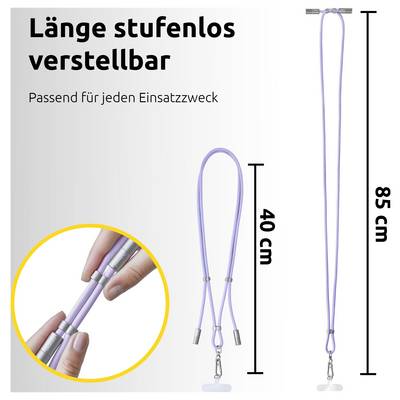 Verstellbare lila Lanyard mit Metallclips, gezeigt bei 40 cm und 85 cm Länge. Merkmale werden in einem kleinen, eingesetzten Bild hervorgehoben. Text auf Deutsch: 'Länge stufenlos verstellbar'.