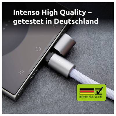 Ein silbernes Ladekabel, das mit einem Smartphone verbunden ist, mit Text darüber, der "Intenso High Quality – getestet in Deutschland" liest.