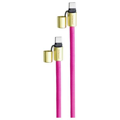Zwei rosa geflochtene USB-C-Ladekabel mit goldenen Anschlüssen, jeweils mit einer abnehmbaren Kappe am Ende.