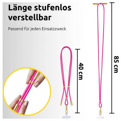 "Länge unendlich verstellbar. Geeignet für jede Anwendung." Rosa verstellbarer Riemen in zwei Positionen gezeigt, mit Maßen von 40 cm und 85 cm.