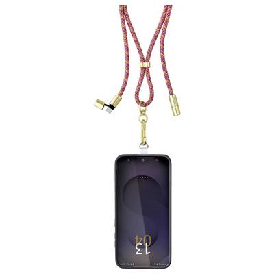 Ein Smartphone mit einem bunten Lanyard, das einen schwarzen Gehäuse und einen Bildschirm mit einem minimalistischen Design mit der Aufschrift „2021" trägt.