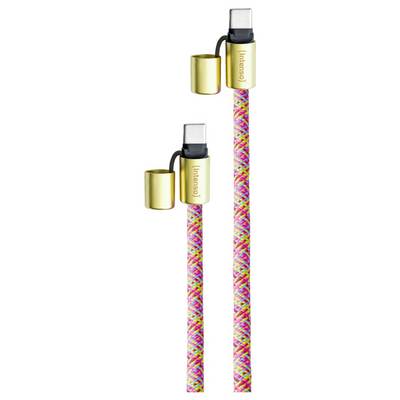 Zwei farbenfrohe USB-C-Kabel mit goldenen Anschlüssen und gewebten Mustern. Jeder Anschluss hat eine kleine Schutzkappe angebracht.