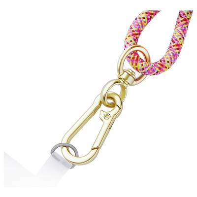 Eine goldene Karabinerhaken-Klemme, die an einem bunten geflochtenen Seil befestigt ist und die Verbindung und Stärke des Befestigungssystems hervorhebt.