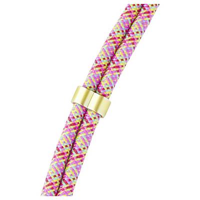 Eine Nahaufnahme von zwei farbenfrohen geflochtenen Seilen, die durch eine goldene Spange zusammengehalten werden und lebendige Muster in Rosa, Gelb und Petrol zeigen.
