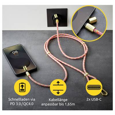 Ein buntes, verstellbares USB-C Ladekabel mit zwei Anschlüssen ist in eine Steckdose und ein Telefon eingesteckt. Der Text hebt die Schnellladefähigkeit mit PD 3.0/QC 4.0 und eine einstellbare Länge von bis zu 1,65 Metern hervor.