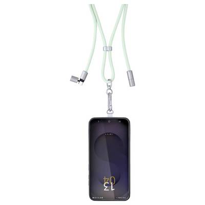 Ein Smartphone mit einem dunklen Bildschirm hängt an einem minzgrünen Lanyard mit Metallklammern und zeigt die Zeit '12:02' in einer eleganten Schriftart.