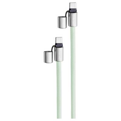 Zwei silberne zylindrische magnetische USB-C-Anschlüsse mit grün umflochtenen Kabeln, von der Seite betrachtet.