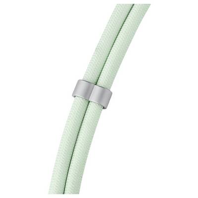 Ein minzgrünes geflochtenes Kabel mit einem silbernen Metallclip, der zwei Stränge zusammenhält und Haltbarkeit und Organisationsfähigkeit andeutet.
