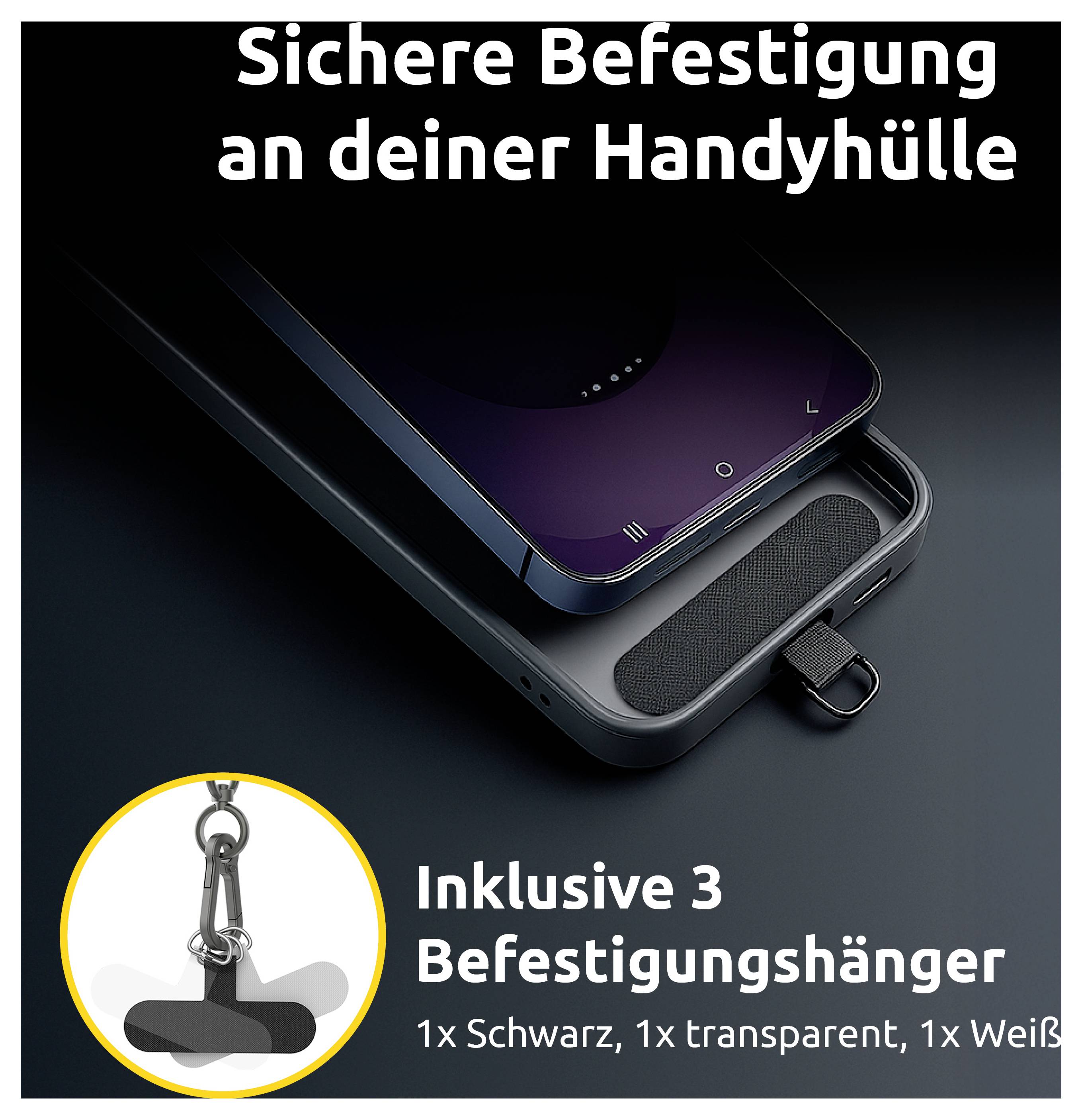 Ein Smartphone-Gehäuse mit sicherer Befestigungsfunktion, gezeigt mit einem Telefon im Inneren. Enthält drei Befestigungshaken in Schwarz, Transparent und Weiß. Text auf Deutsch bewirbt die sichere Telefongehäuseanbringung.